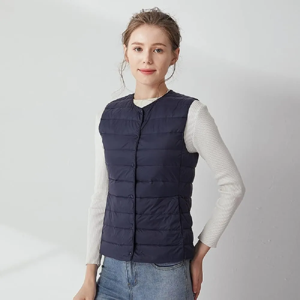 Women's Lightweight Down Vest Crewneck Button Down Packable Puffer Vest Ultra Light Slim Fit Sleeveless Waistcoat