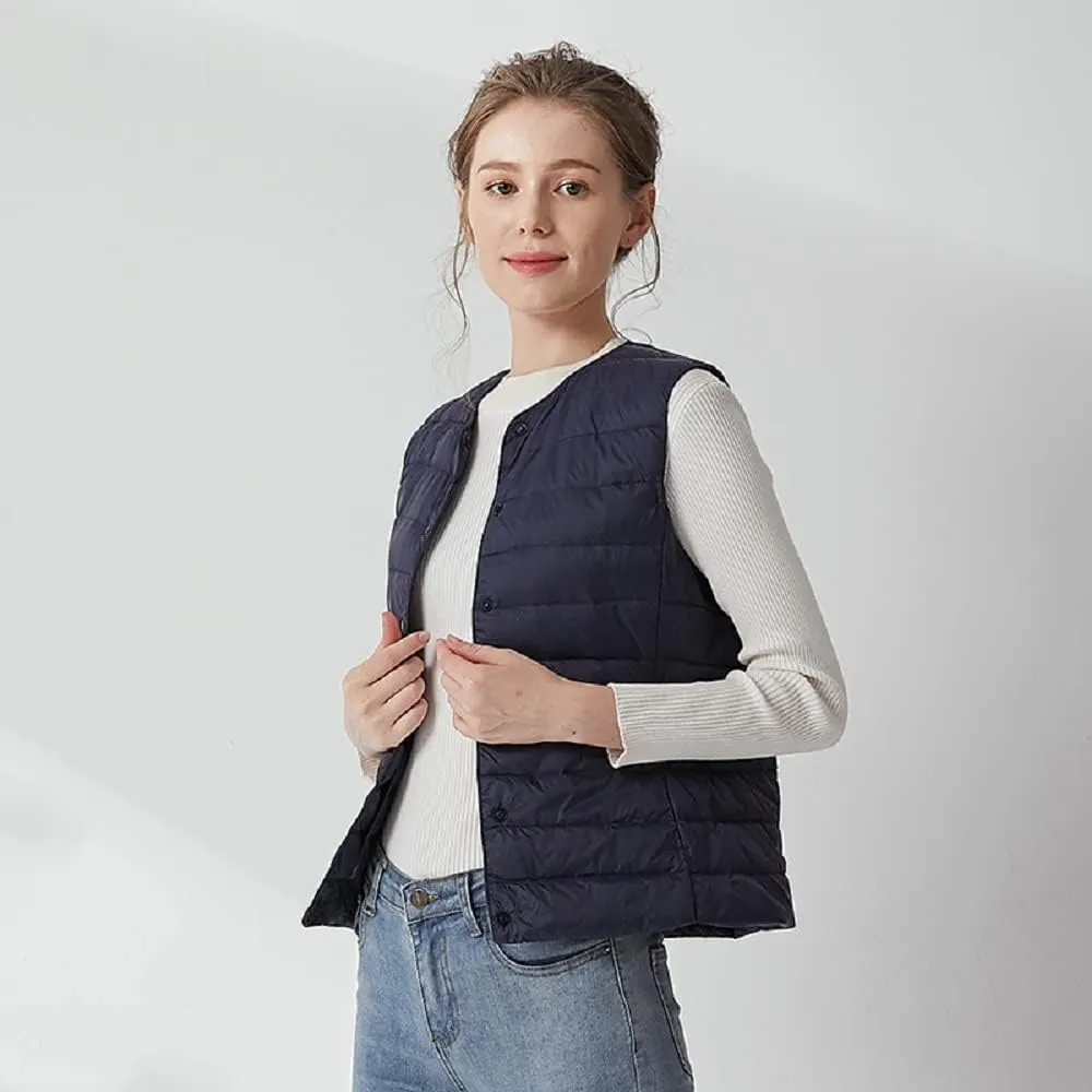Women's Lightweight Down Vest Crewneck Button Down Packable Puffer Vest Ultra Light Slim Fit Sleeveless Waistcoat