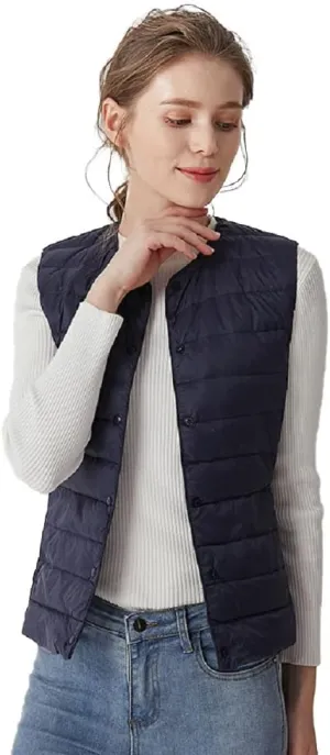 Women's Lightweight Down Vest Crewneck Button Down Packable Puffer Vest Ultra Light Slim Fit Sleeveless Waistcoat