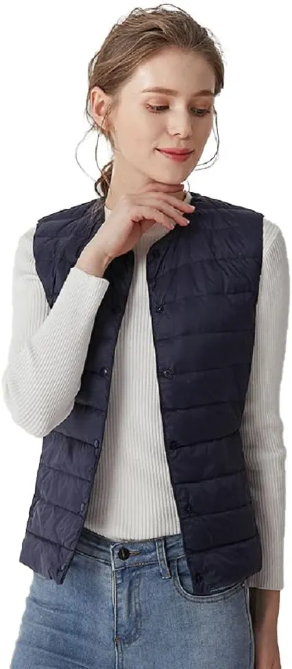 Women's Lightweight Down Vest Crewneck Button Down Packable Puffer Vest Ultra Light Slim Fit Sleeveless Waistcoat
