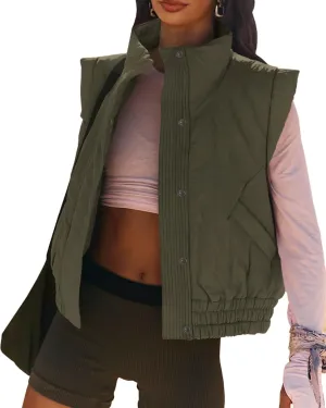 Women's Lightweight Puffer Vest Button Down Crop Qulited Vest Coat Stand Collar Sleeveless Padded Gilet With Pockets