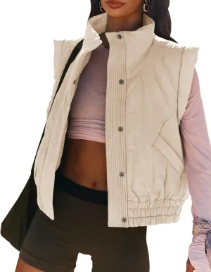 Women's Lightweight Puffer Vest Button Down Crop Qulited Vest Coat Stand Collar Sleeveless Padded Gilet With Pockets