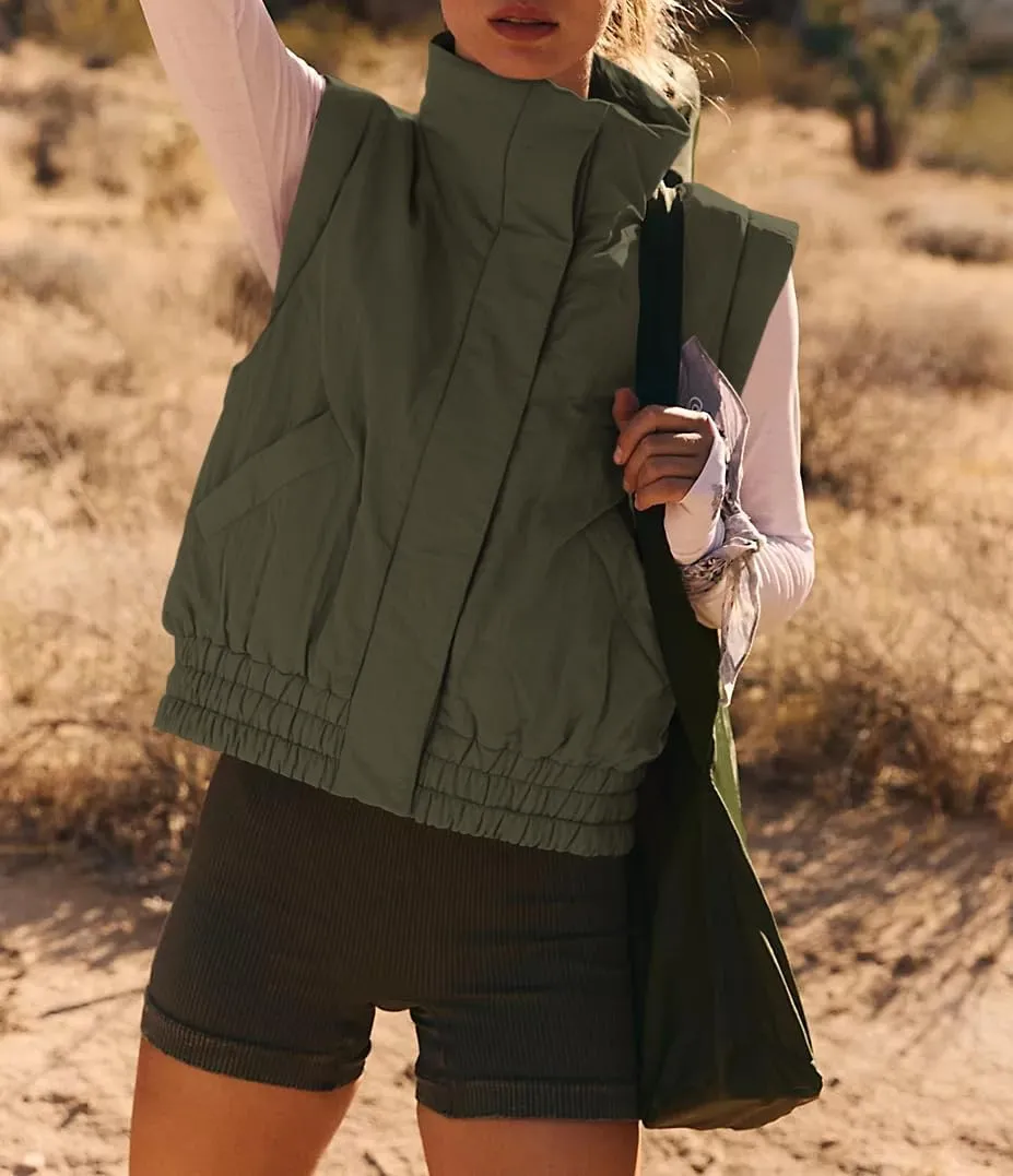 Women's Lightweight Puffer Vest Button Down Crop Qulited Vest Coat Stand Collar Sleeveless Padded Gilet With Pockets