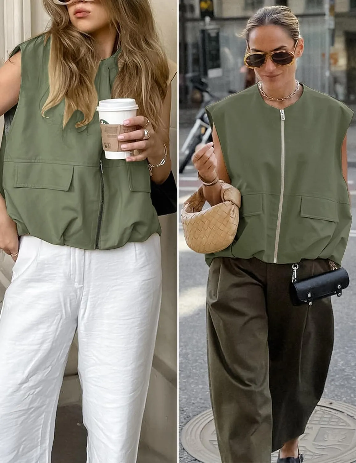 Women's Lightweight Zip Up Vest Cargo Oversized Sleeveless Ruched Hem Blazer Jackets Top with Pockets