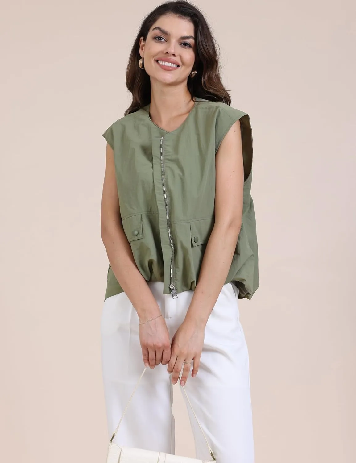 Women's Lightweight Zip Up Vest Cargo Oversized Sleeveless Ruched Hem Blazer Jackets Top with Pockets