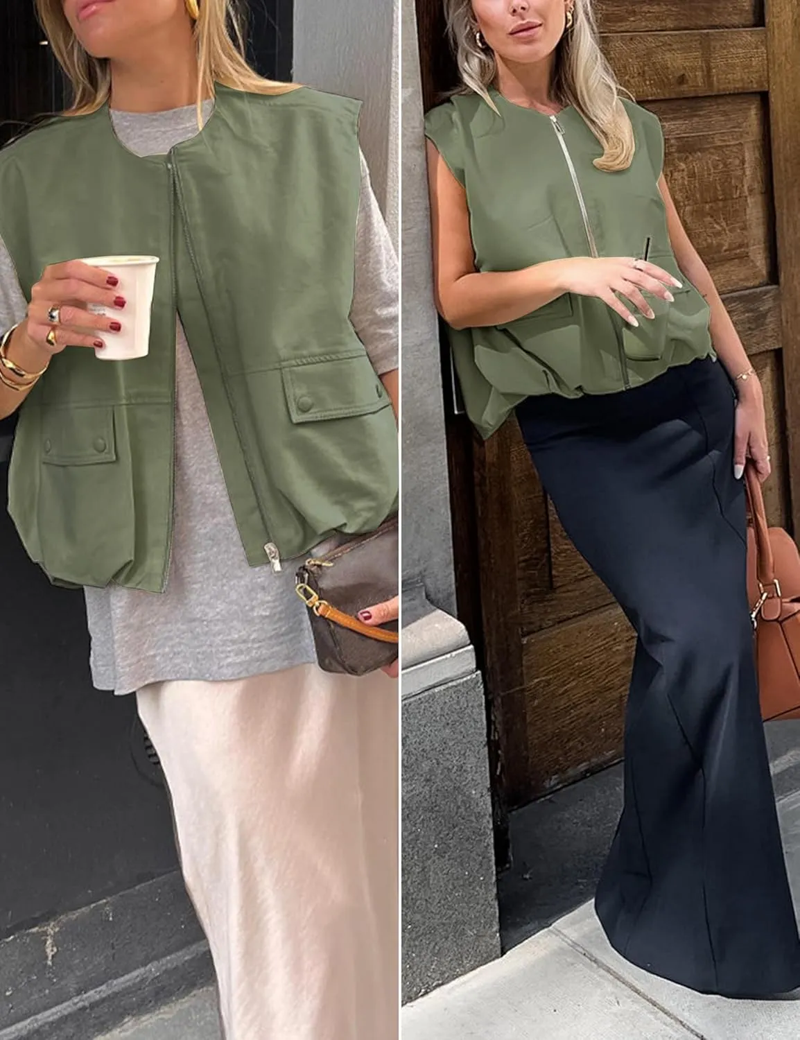 Women's Lightweight Zip Up Vest Cargo Oversized Sleeveless Ruched Hem Blazer Jackets Top with Pockets