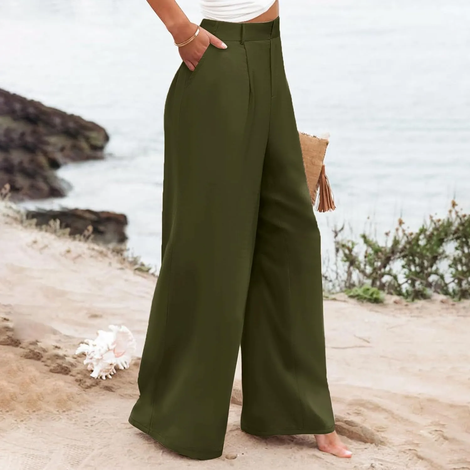 Womens Linen Blend Summer Casual Loose Palazzo Lounge Pants High Waist Stretchy Slim Fit Pants Travel
