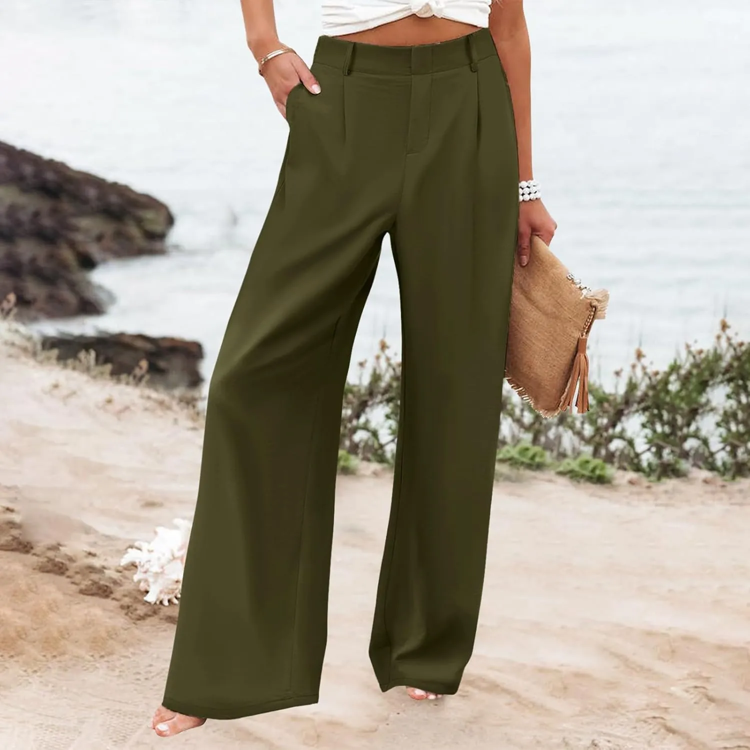 Womens Linen Blend Summer Casual Loose Palazzo Lounge Pants High Waist Stretchy Slim Fit Pants Travel