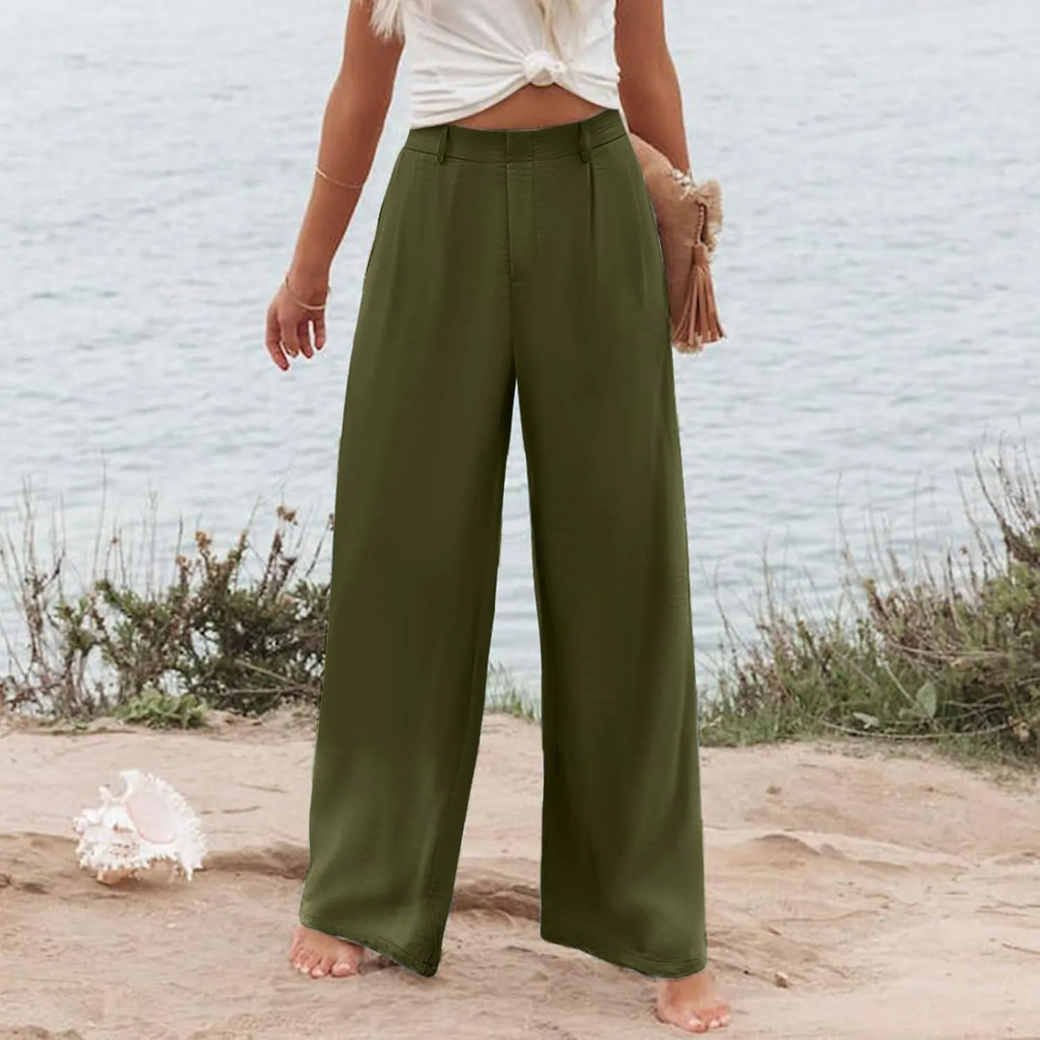 Womens Linen Blend Summer Casual Loose Palazzo Lounge Pants High Waist Stretchy Slim Fit Pants Travel
