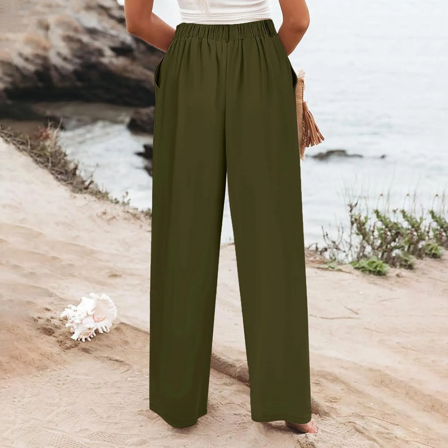 Womens Linen Blend Summer Casual Loose Palazzo Lounge Pants High Waist Stretchy Slim Fit Pants Travel