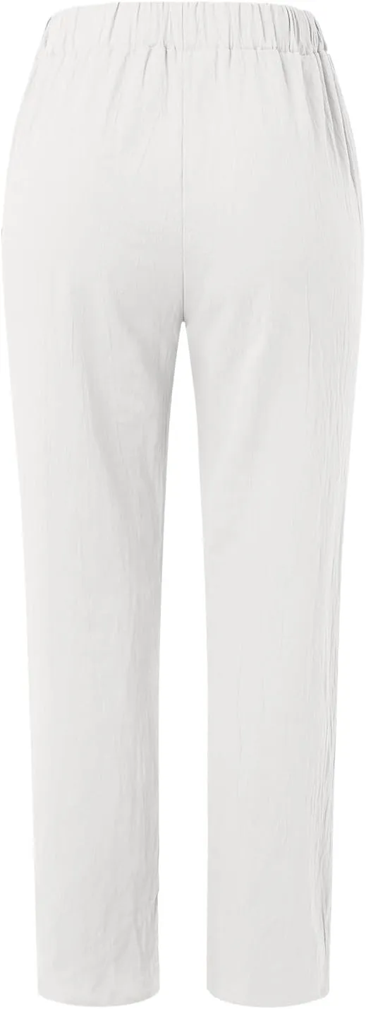 Women's Linen Blend Summer Casual Loose Pants Elastic Waist Lounge Pants Slim Fit Pant Trousers Work Business