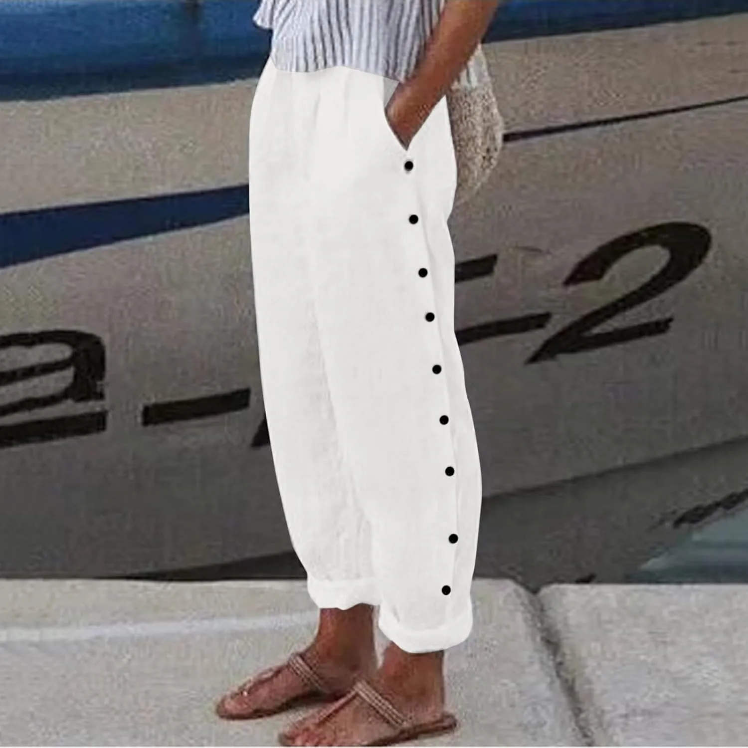 Women's Linen Blend Summer Casual Loose Pants Elastic Waist Lounge Pants Slim Fit Pant Trousers Work Business