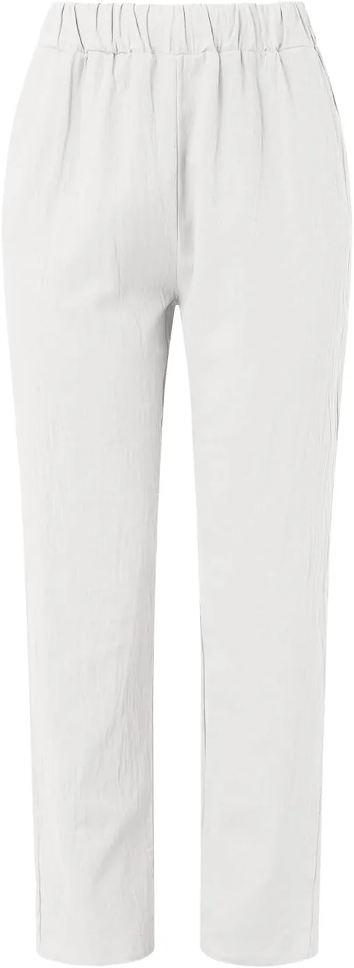 Women's Linen Blend Summer Casual Loose Pants Elastic Waist Lounge Pants Slim Fit Pant Trousers Work Business