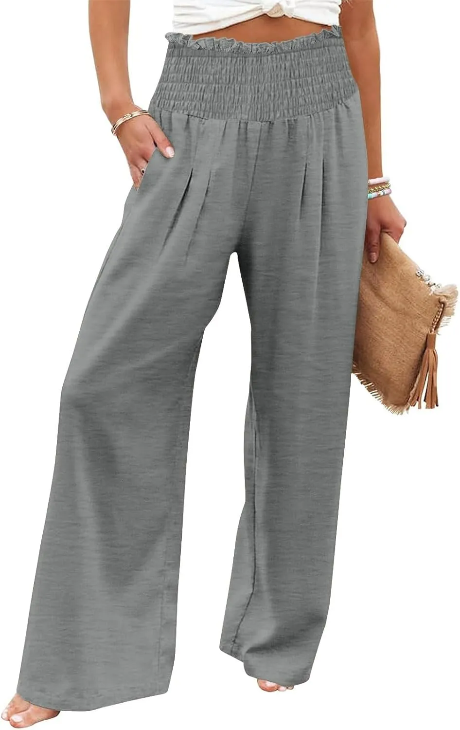 Womens Linen Palazzo Pants Summer Casual Boho Wide Leg Elastic High Waist Lounge Pants Beach Trousers with Pockets
