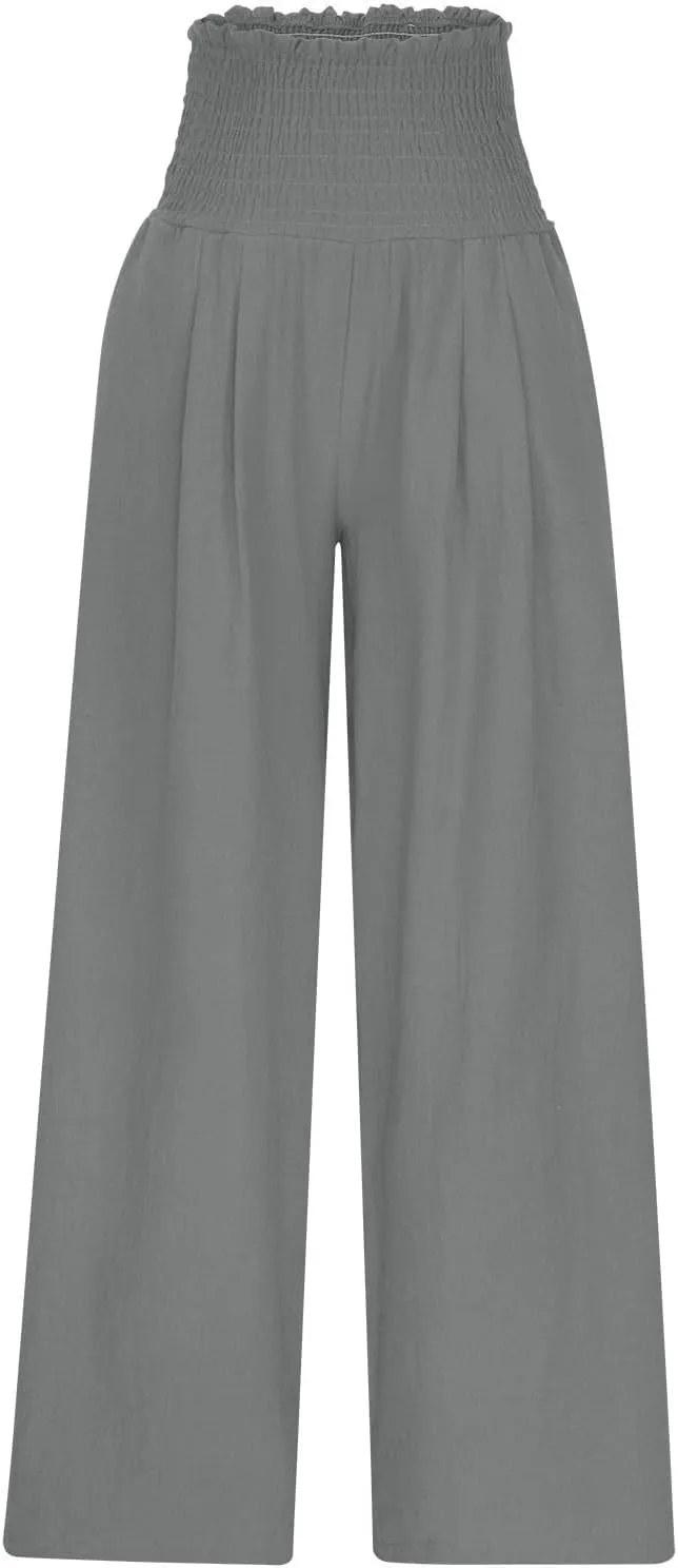 Womens Linen Palazzo Pants Summer Casual Boho Wide Leg Elastic High Waist Lounge Pants Beach Trousers with Pockets
