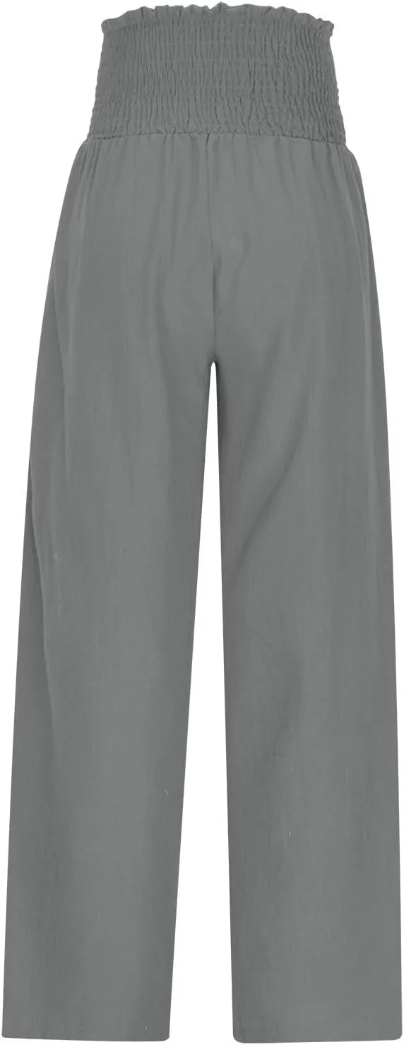 Womens Linen Palazzo Pants Summer Casual Boho Wide Leg Elastic High Waist Lounge Pants Beach Trousers with Pockets