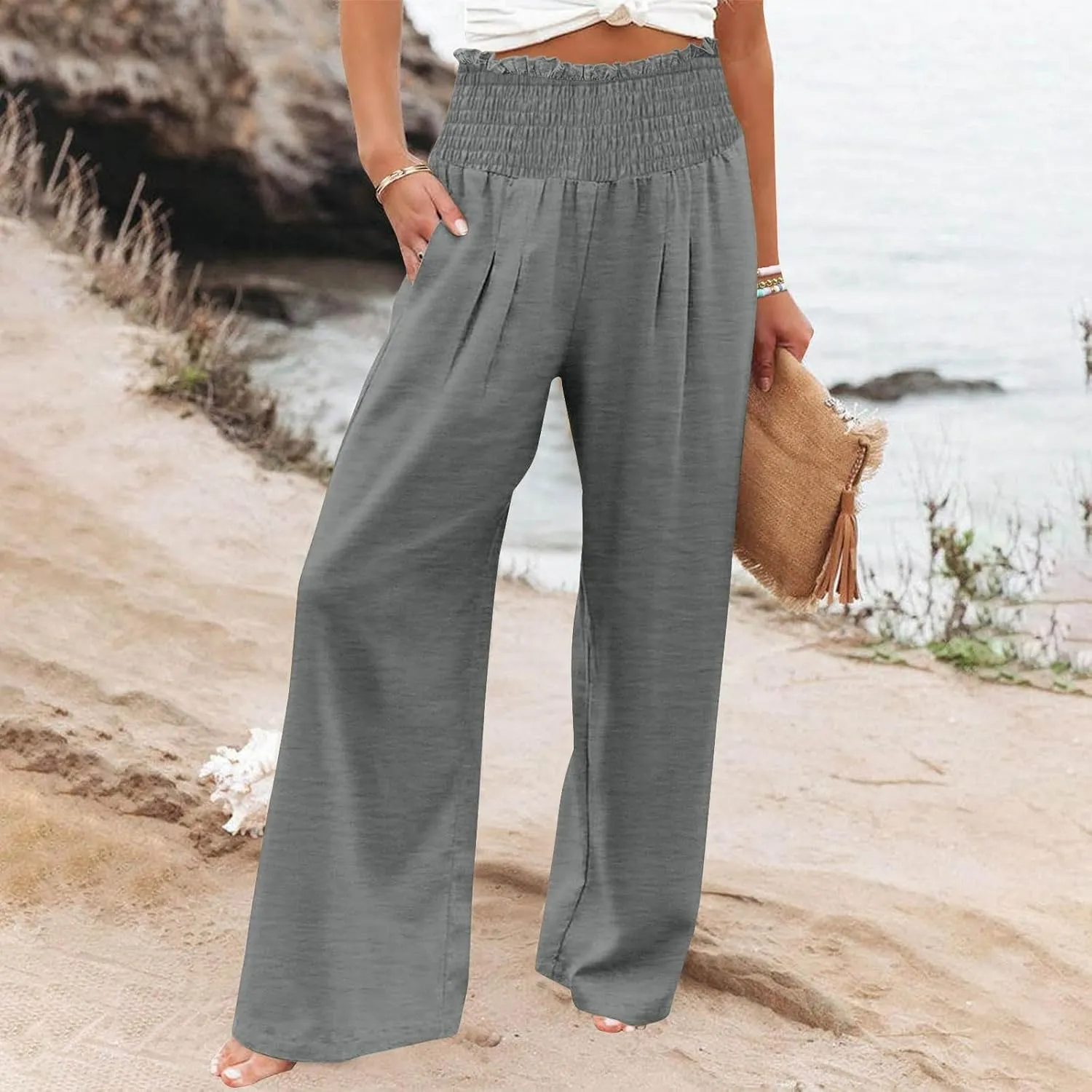 Womens Linen Palazzo Pants Summer Casual Boho Wide Leg Elastic High Waist Lounge Pants Beach Trousers with Pockets