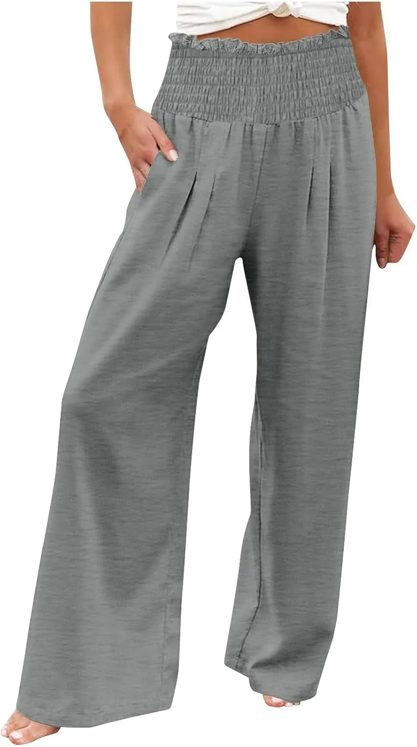 Womens Linen Palazzo Pants Summer Casual Boho Wide Leg Elastic High Waist Lounge Pants Beach Trousers with Pockets