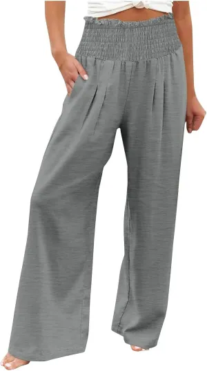 Womens Linen Palazzo Pants Summer Casual Boho Wide Leg Elastic High Waist Lounge Pants Beach Trousers with Pockets