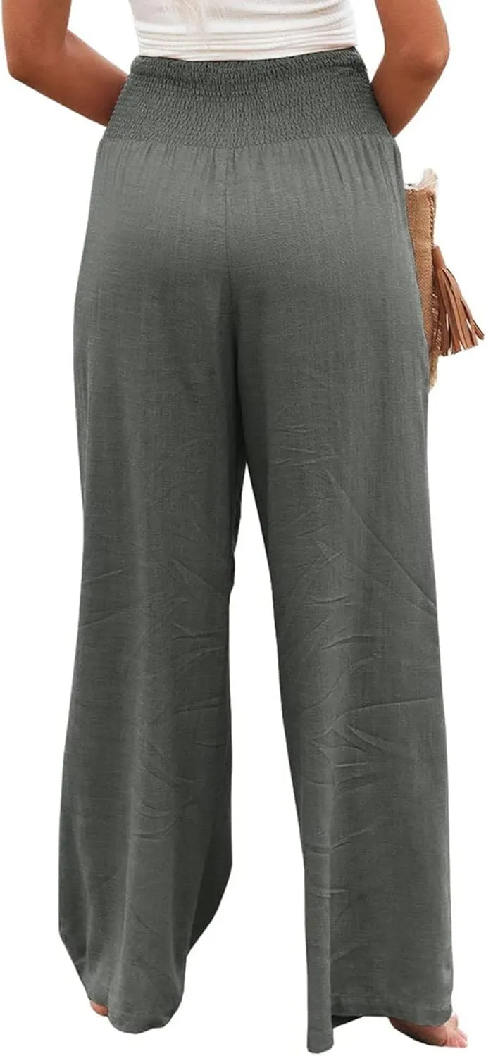 Women's Linen Palazzo Pants Summer High Waisted Boho Wide Leg Long Lounge Pant Trousers with Pocket