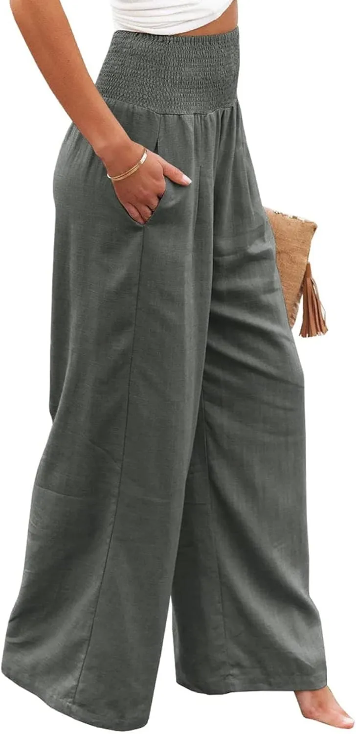 Women's Linen Palazzo Pants Summer High Waisted Boho Wide Leg Long Lounge Pant Trousers with Pocket