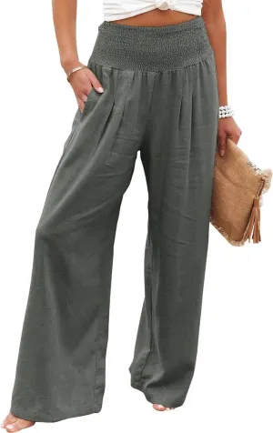 Women's Linen Palazzo Pants Summer High Waisted Boho Wide Leg Long Lounge Pant Trousers with Pocket
