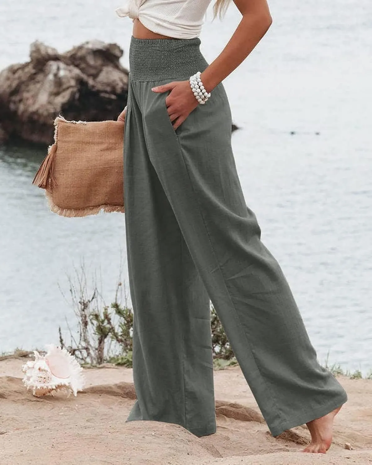 Women's Linen Palazzo Pants Summer High Waisted Boho Wide Leg Long Lounge Pant Trousers with Pocket
