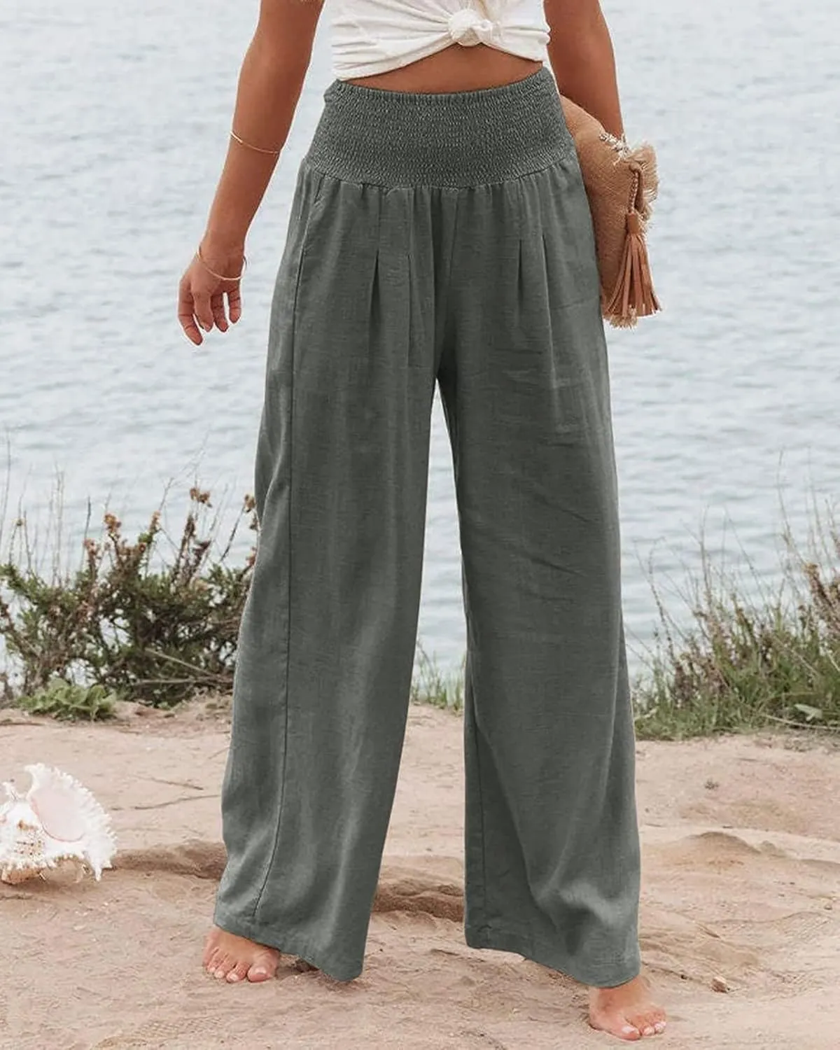 Women's Linen Palazzo Pants Summer High Waisted Boho Wide Leg Long Lounge Pant Trousers with Pocket