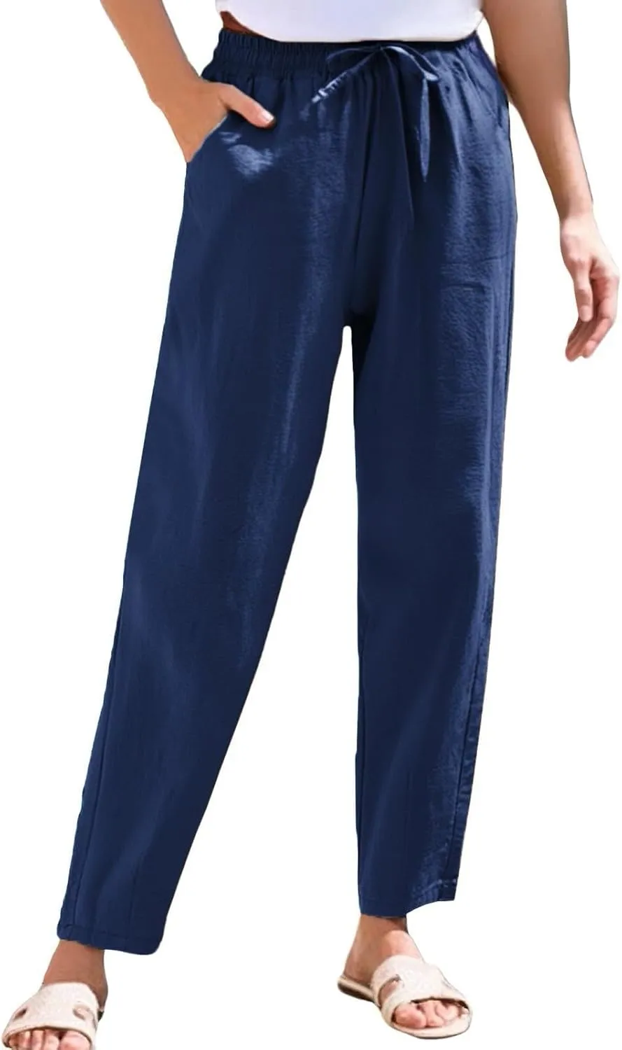 Womens Linen Pants Straight Leg Elastic Drawstring Casual Loose Trousers Summer Beach Lounge Pants with Pockets
