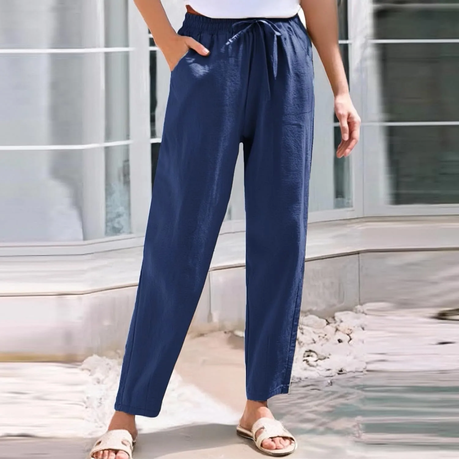 Womens Linen Pants Straight Leg Elastic Drawstring Casual Loose Trousers Summer Beach Lounge Pants with Pockets