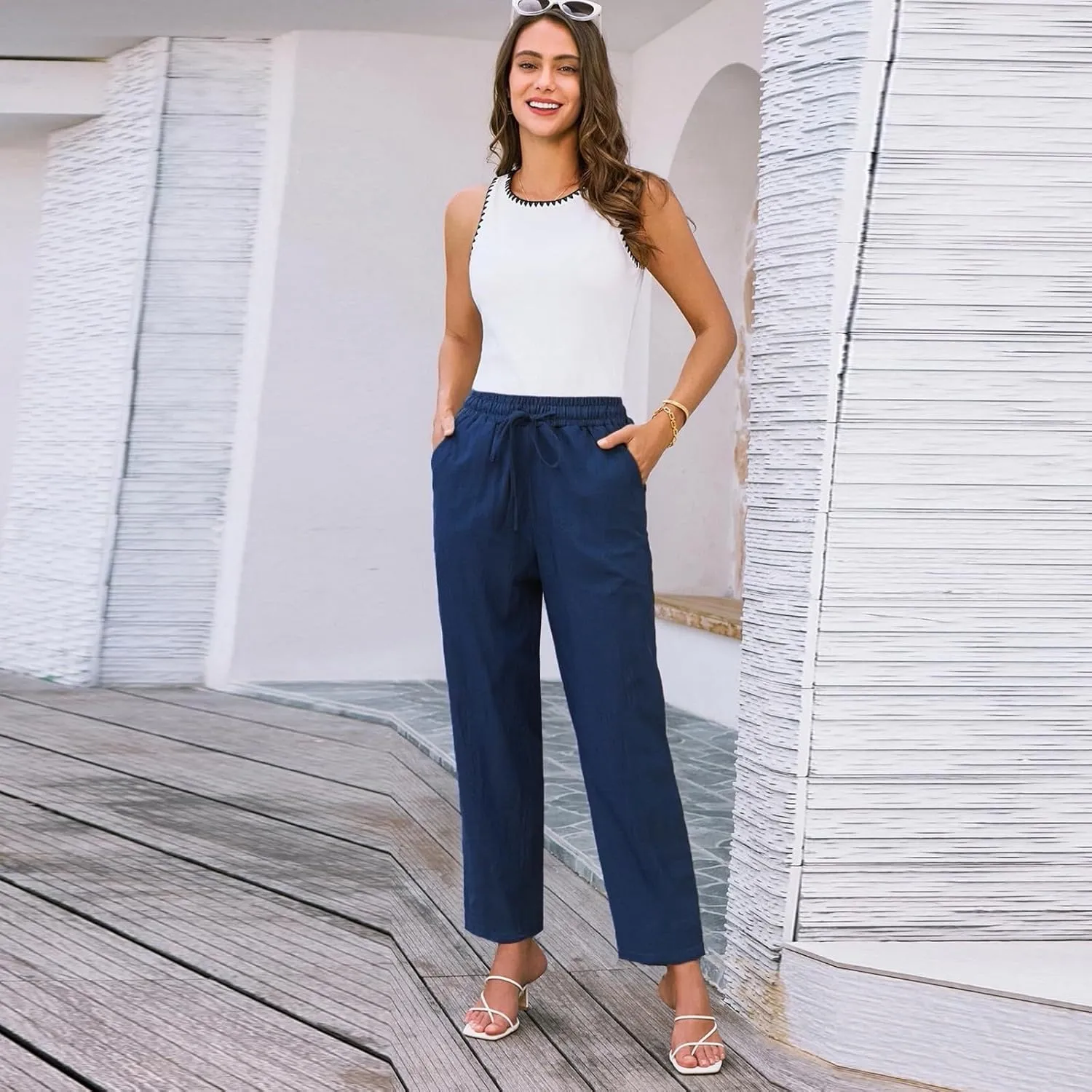 Womens Linen Pants Straight Leg Elastic Drawstring Casual Loose Trousers Summer Beach Lounge Pants with Pockets