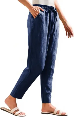 Womens Linen Pants Straight Leg Elastic Drawstring Casual Loose Trousers Summer Beach Lounge Pants with Pockets