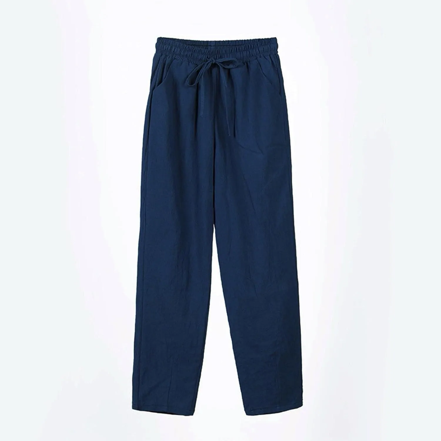 Womens Linen Pants Straight Leg Elastic Drawstring Casual Loose Trousers Summer Beach Lounge Pants with Pockets