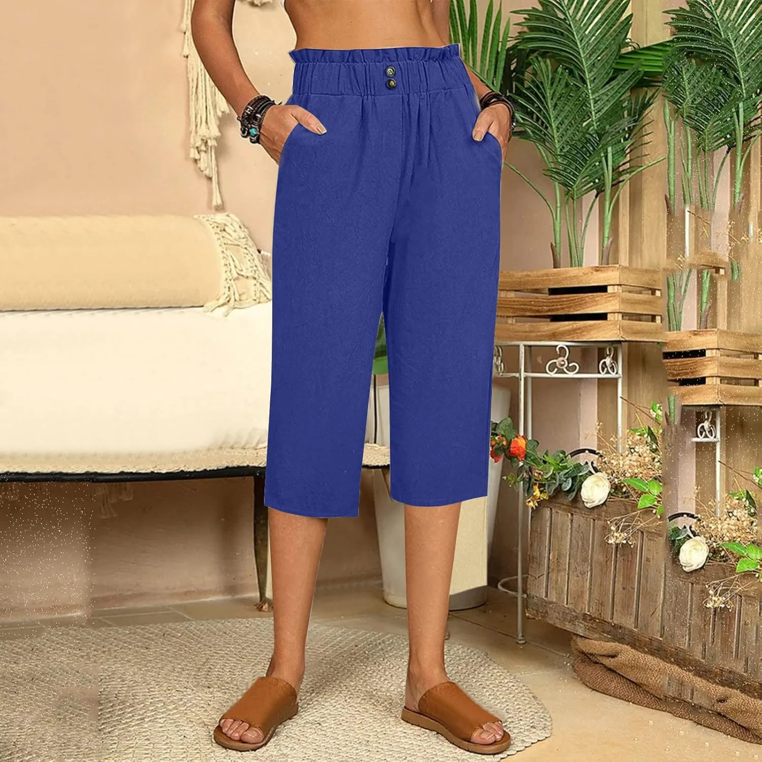 Women's Linen Pants Wide Leg Trousers Loose Fit Crop Pants High Waisted Comfort Trousers Summer Pants Baggy