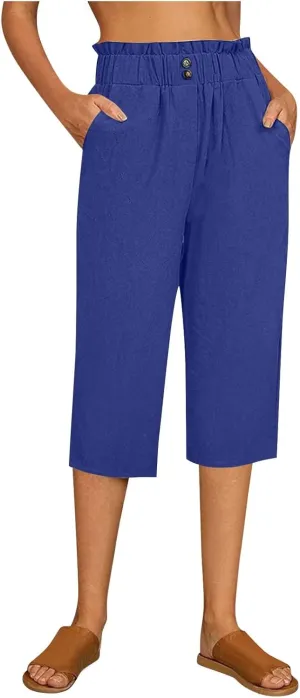 Women's Linen Pants Wide Leg Trousers Loose Fit Crop Pants High Waisted Comfort Trousers Summer Pants Baggy