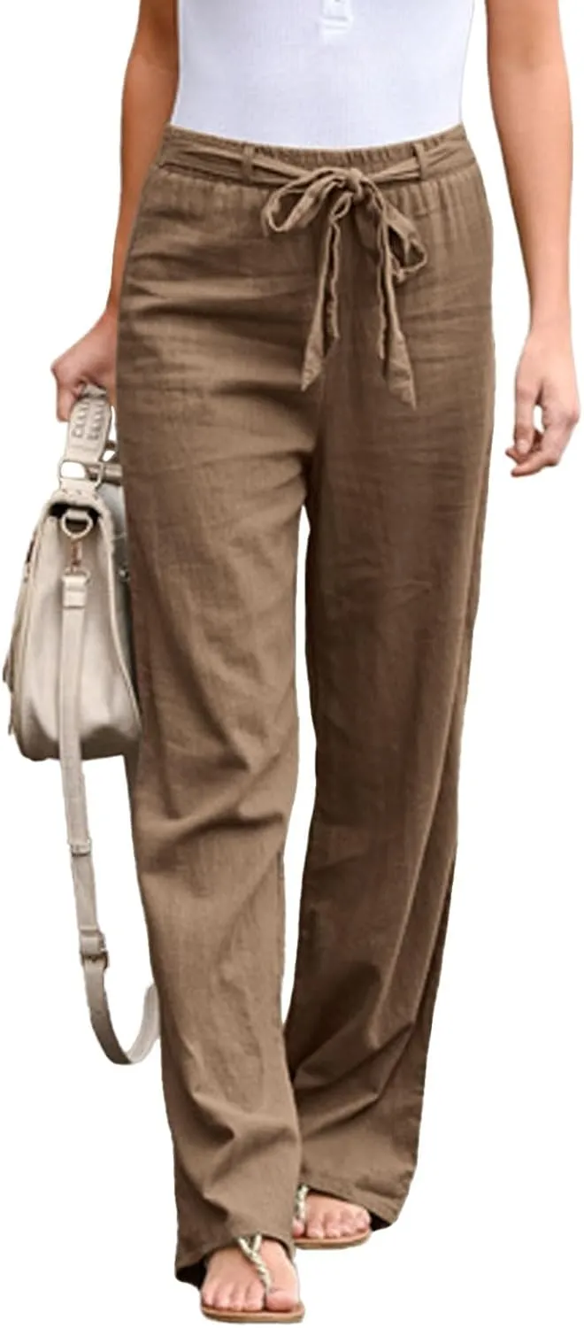 Womens Linen Summer Boho Palazzo Pants Low Waist Ankle Length Slim-Fit Pant Trousers Business Work