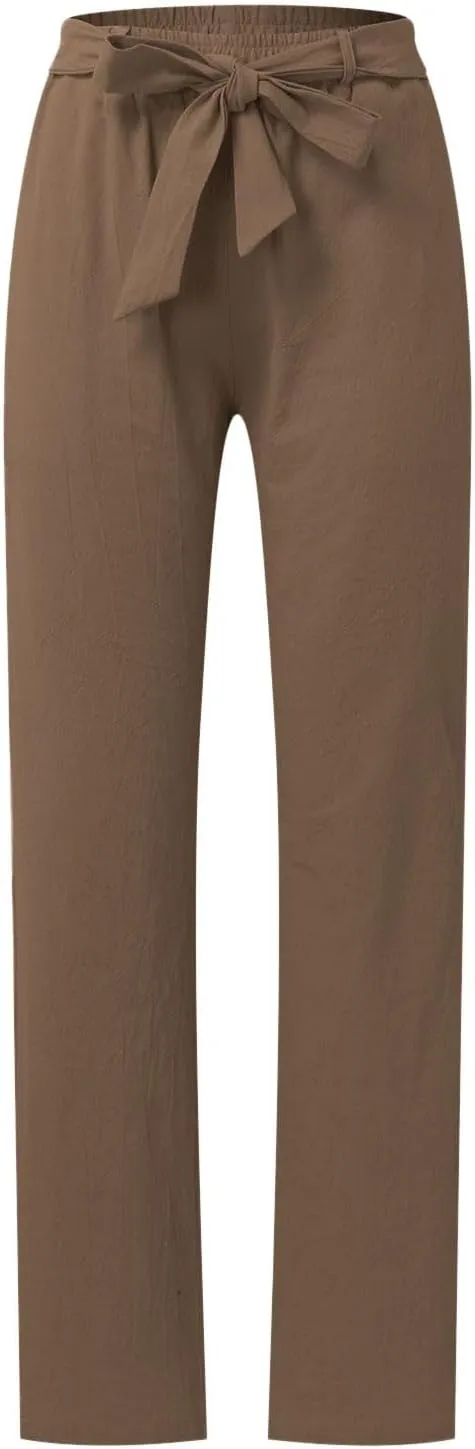 Womens Linen Summer Boho Palazzo Pants Low Waist Ankle Length Slim-Fit Pant Trousers Business Work