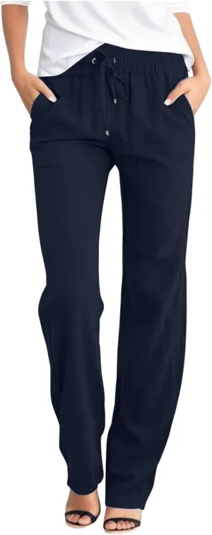 Women's Linen Summer Boho Pant Trousers Elastic Waisted Bootcut Slim Fit Pant Trousers Work Business