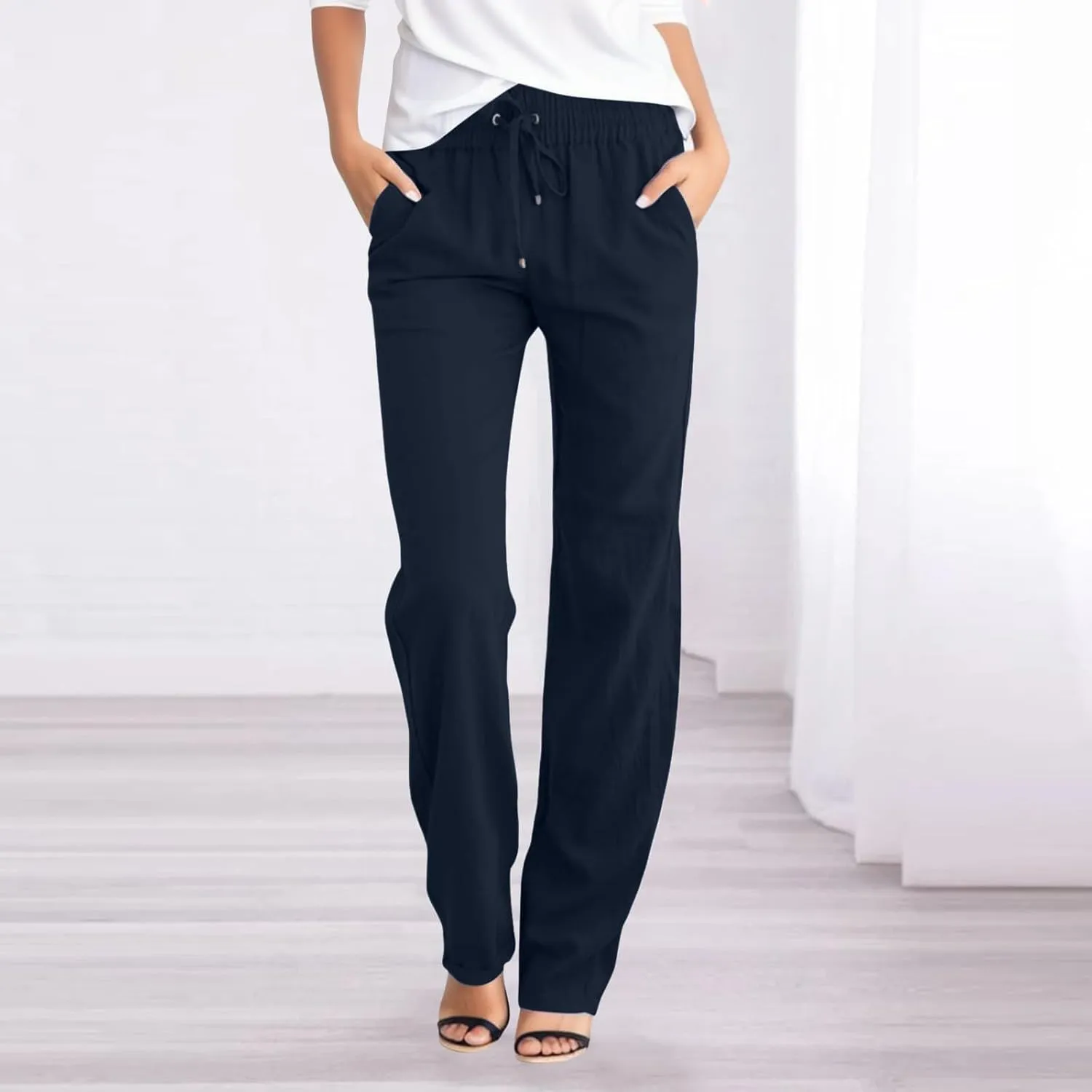 Women's Linen Summer Boho Pant Trousers Elastic Waisted Bootcut Slim Fit Pant Trousers Work Business