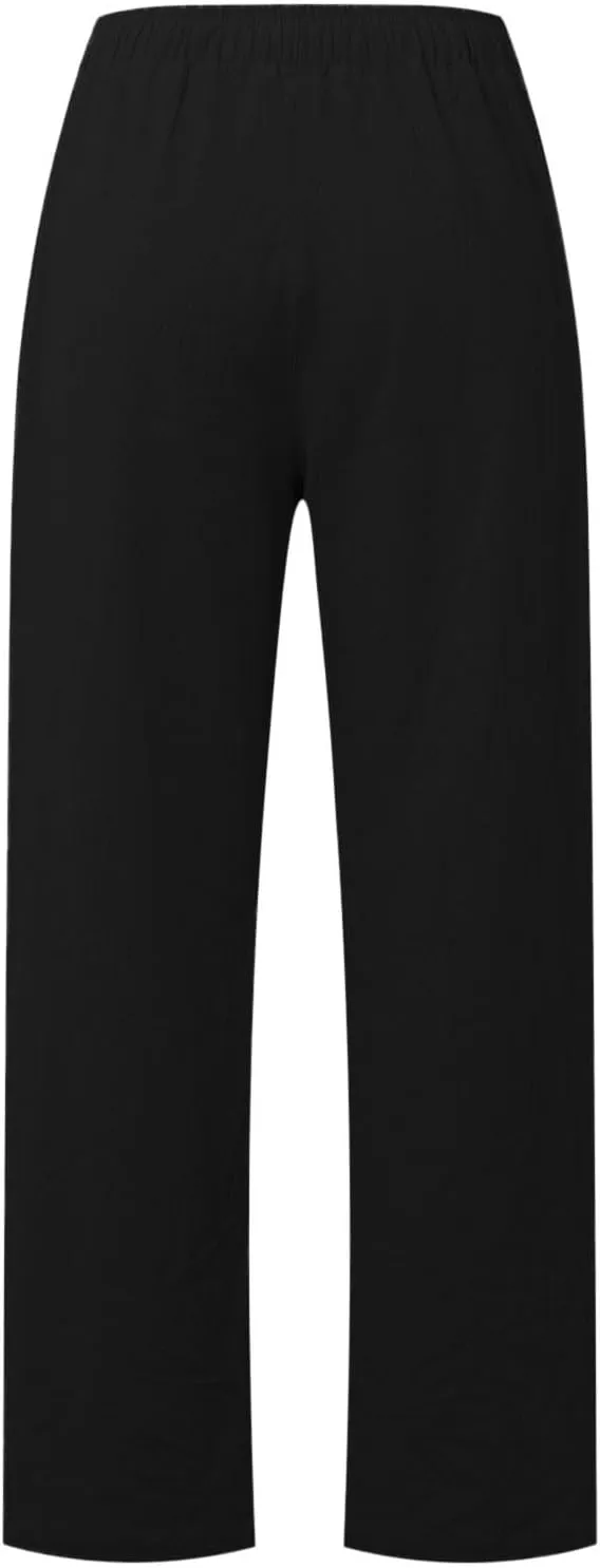 Womens Linen Summer Casual Flowy Palazzo Lounge Pants Elastic Waisted Baggy Stretchy Plus Size Palazzo