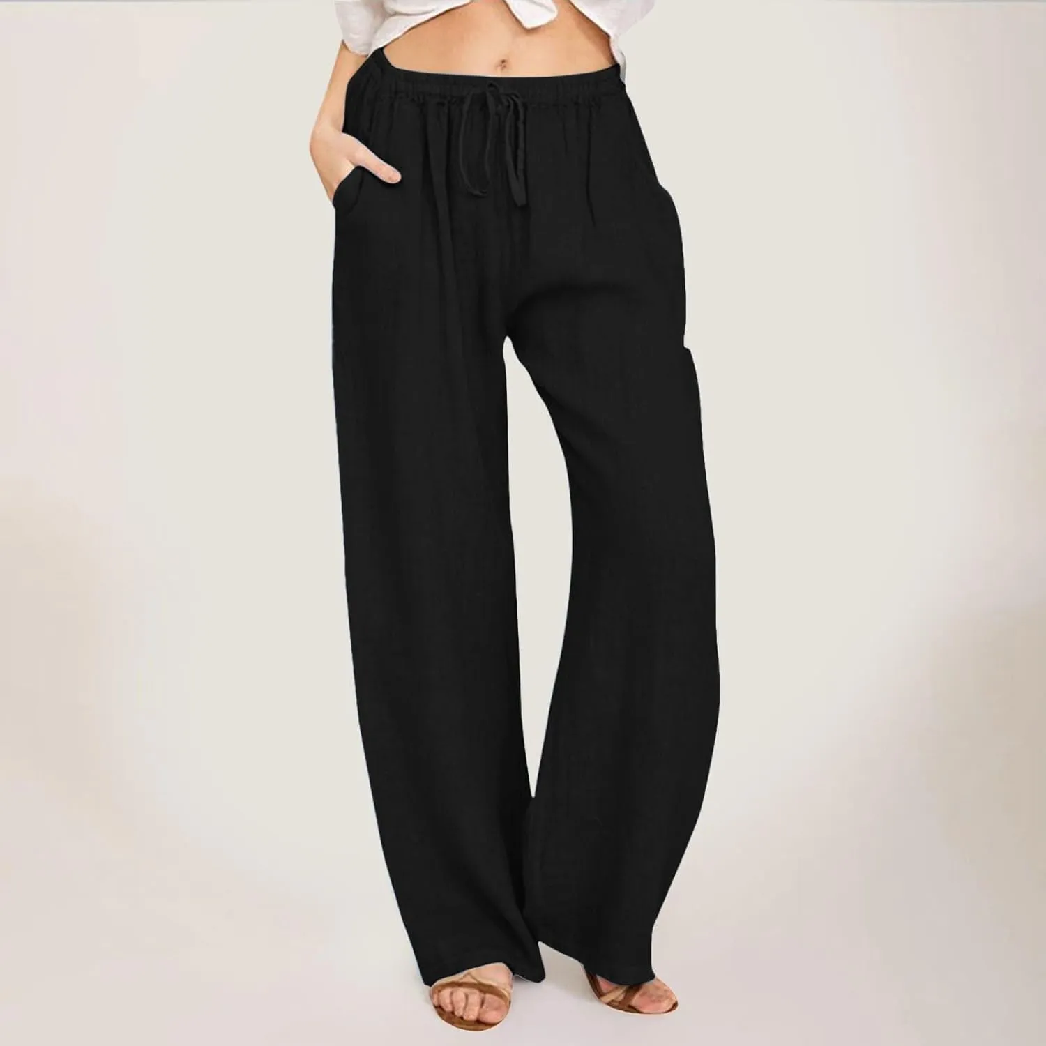 Womens Linen Summer Casual Flowy Palazzo Lounge Pants Elastic Waisted Baggy Stretchy Plus Size Palazzo