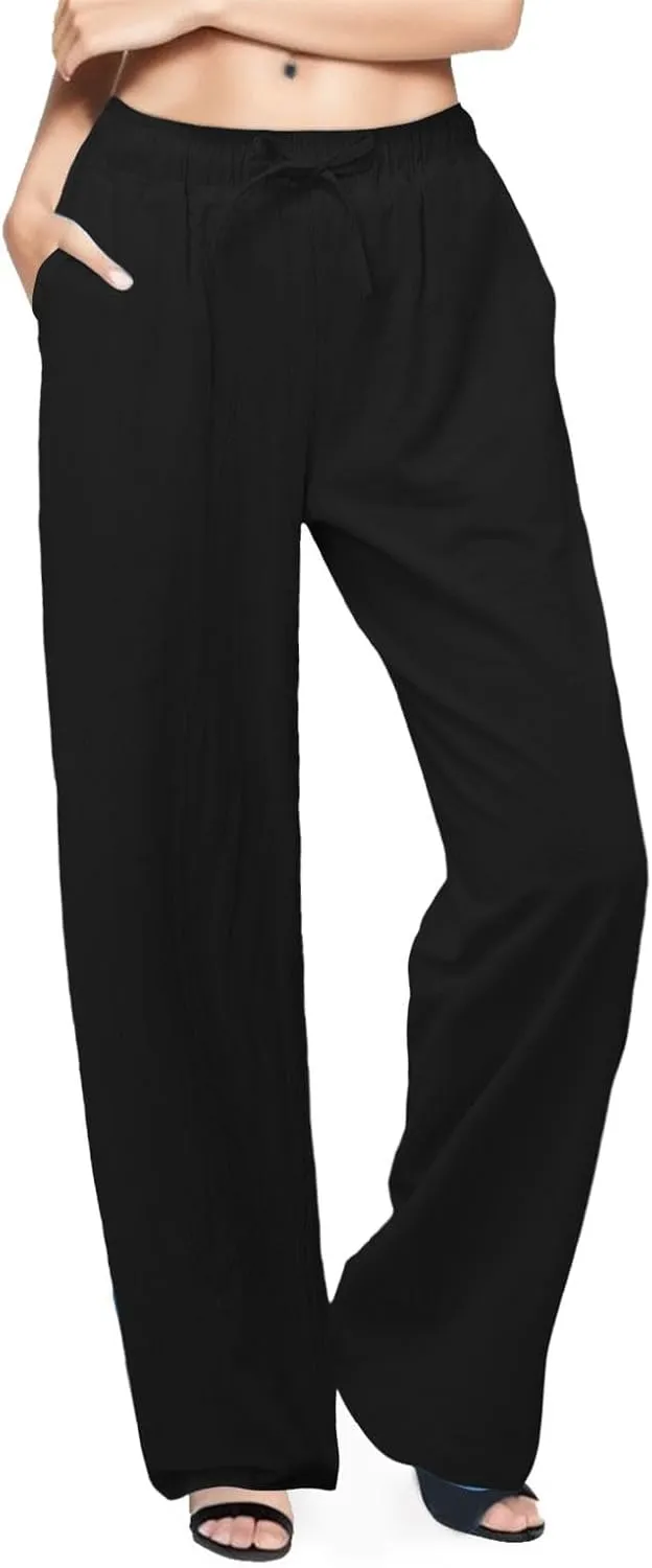 Womens Linen Summer Casual Flowy Palazzo Lounge Pants Elastic Waisted Baggy Stretchy Plus Size Palazzo