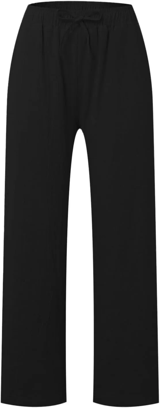 Womens Linen Summer Casual Flowy Palazzo Lounge Pants Elastic Waisted Baggy Stretchy Plus Size Palazzo