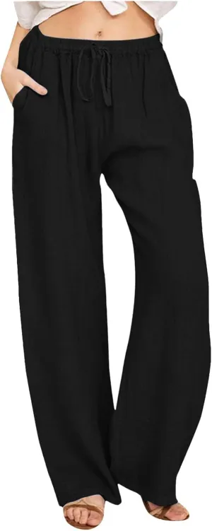 Womens Linen Summer Casual Flowy Palazzo Lounge Pants Elastic Waisted Baggy Stretchy Plus Size Palazzo