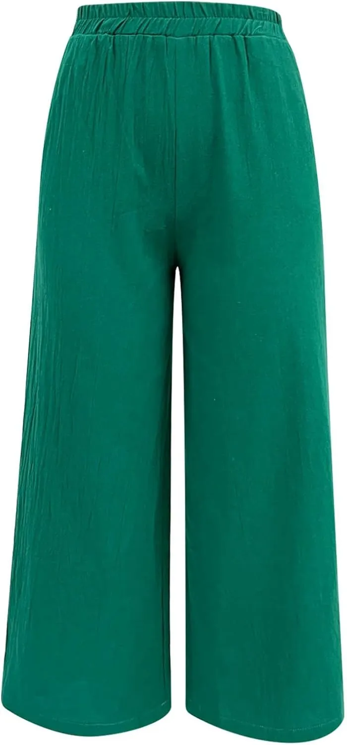 Women's Linen Summer Casual Loose Pant Trousers Elastic Waisted Straight Loose Fit Pant Trousers Work Business