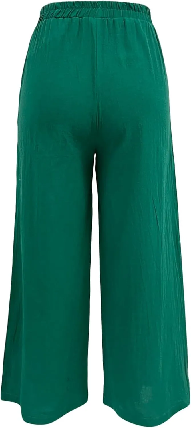 Women's Linen Summer Casual Loose Pant Trousers Elastic Waisted Straight Loose Fit Pant Trousers Work Business