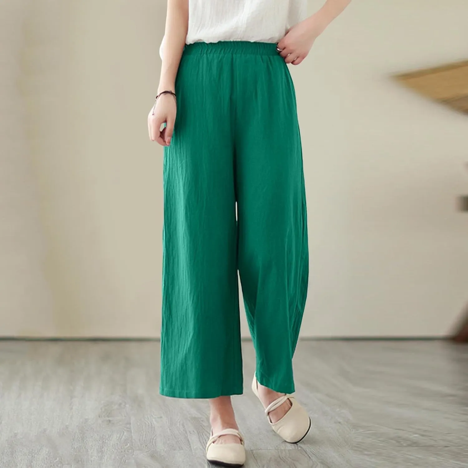 Women's Linen Summer Casual Loose Pant Trousers Elastic Waisted Straight Loose Fit Pant Trousers Work Business