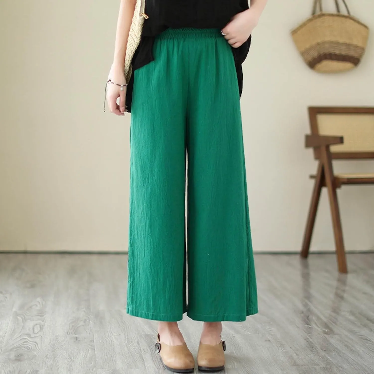 Women's Linen Summer Casual Loose Pant Trousers Elastic Waisted Straight Loose Fit Pant Trousers Work Business