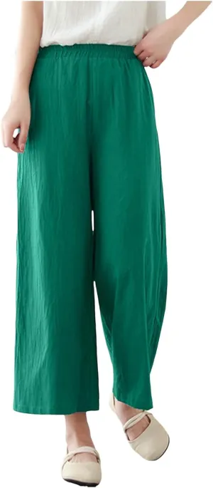 Women's Linen Summer Casual Loose Pant Trousers Elastic Waisted Straight Loose Fit Pant Trousers Work Business