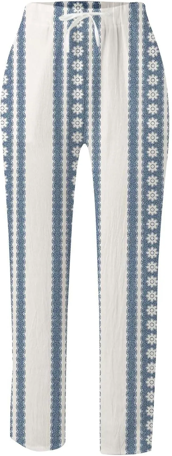 Womens Linen Summer Casual Pant Trousers Elastic Waist Long Lounge Slim Fit Palazzo Pants Trendy